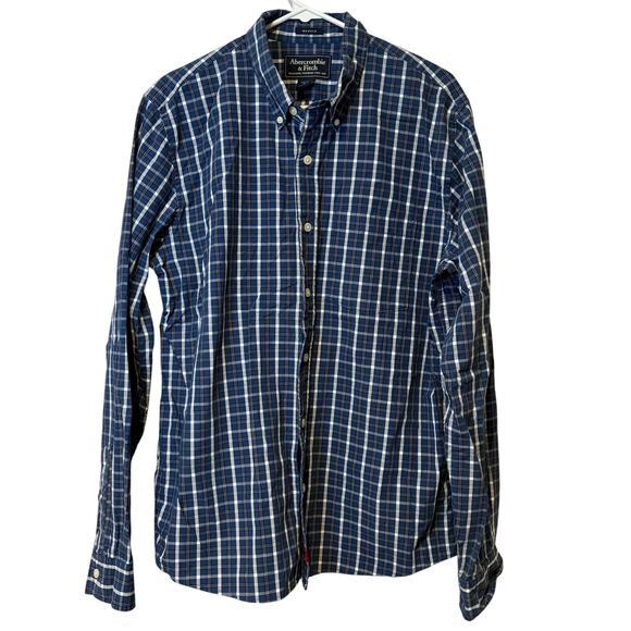 Abercrombie & Fitch Men's Plaid Muscle Button‎ Down Size Large Blue White EUC - Picture 1 of 8